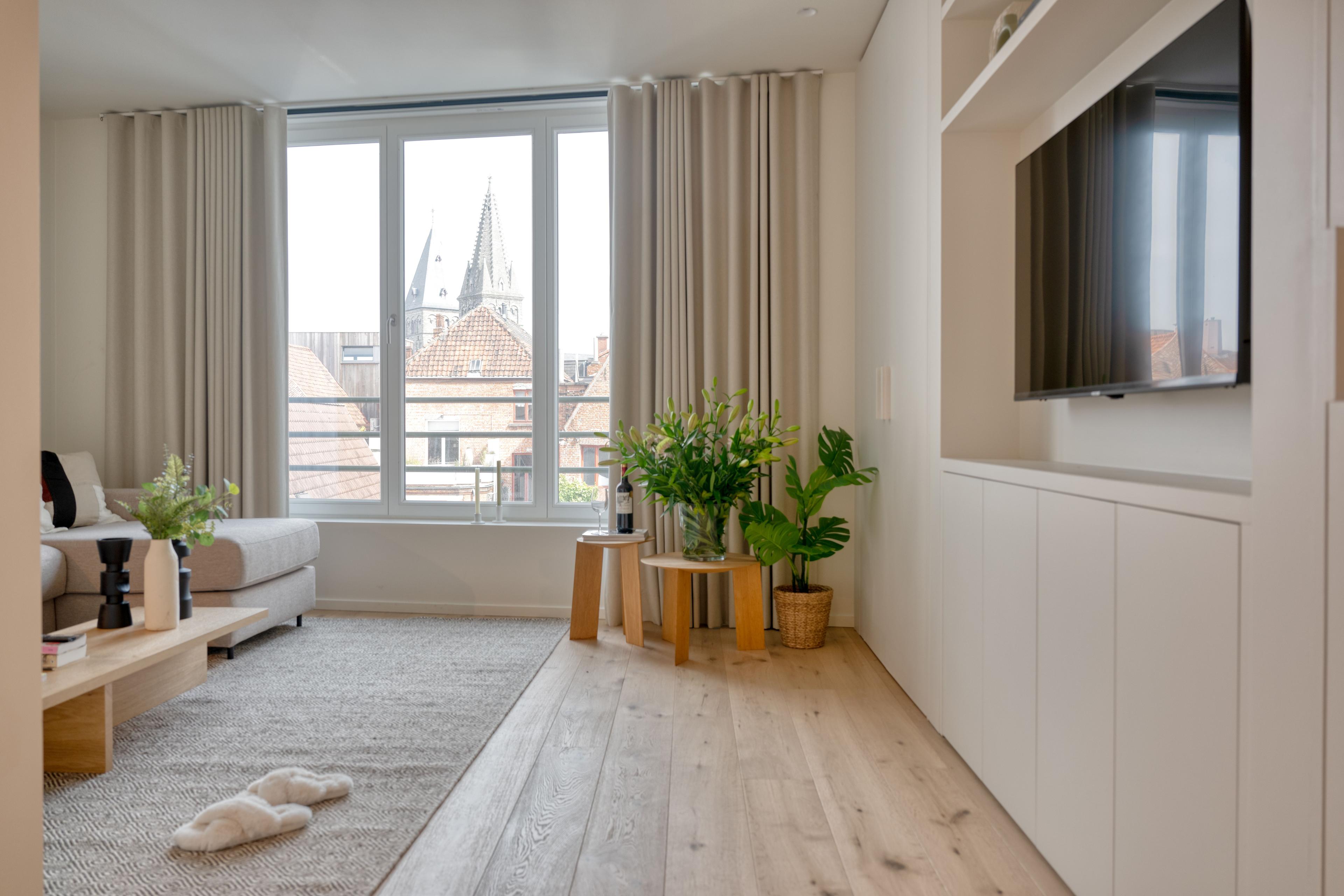 Woonkamer met houten plankenvloer en zicht op kerktorens, in een appartement van het project Belfortstraat 29 – Onderstraat 75A in Gent.